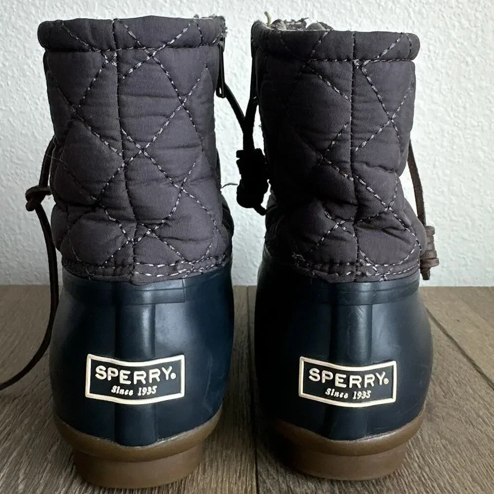 Sperry Saltwater Quilted Duck Boots Waterproof Gray Navy Women's Size 6